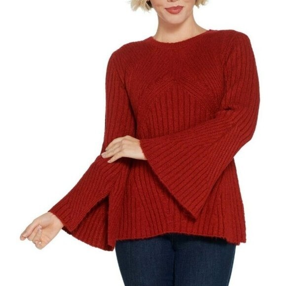 G.I.L.I. Red Bell Sleeve Tunic Rib Knit Detail Sweater Size Medium - Picture 1 of 8
